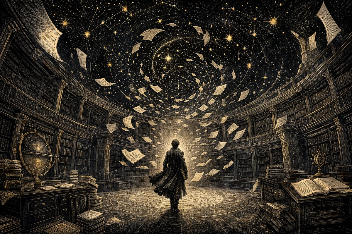 Biblioteca imposible ilustrada como un grabado editorial negro y oro
