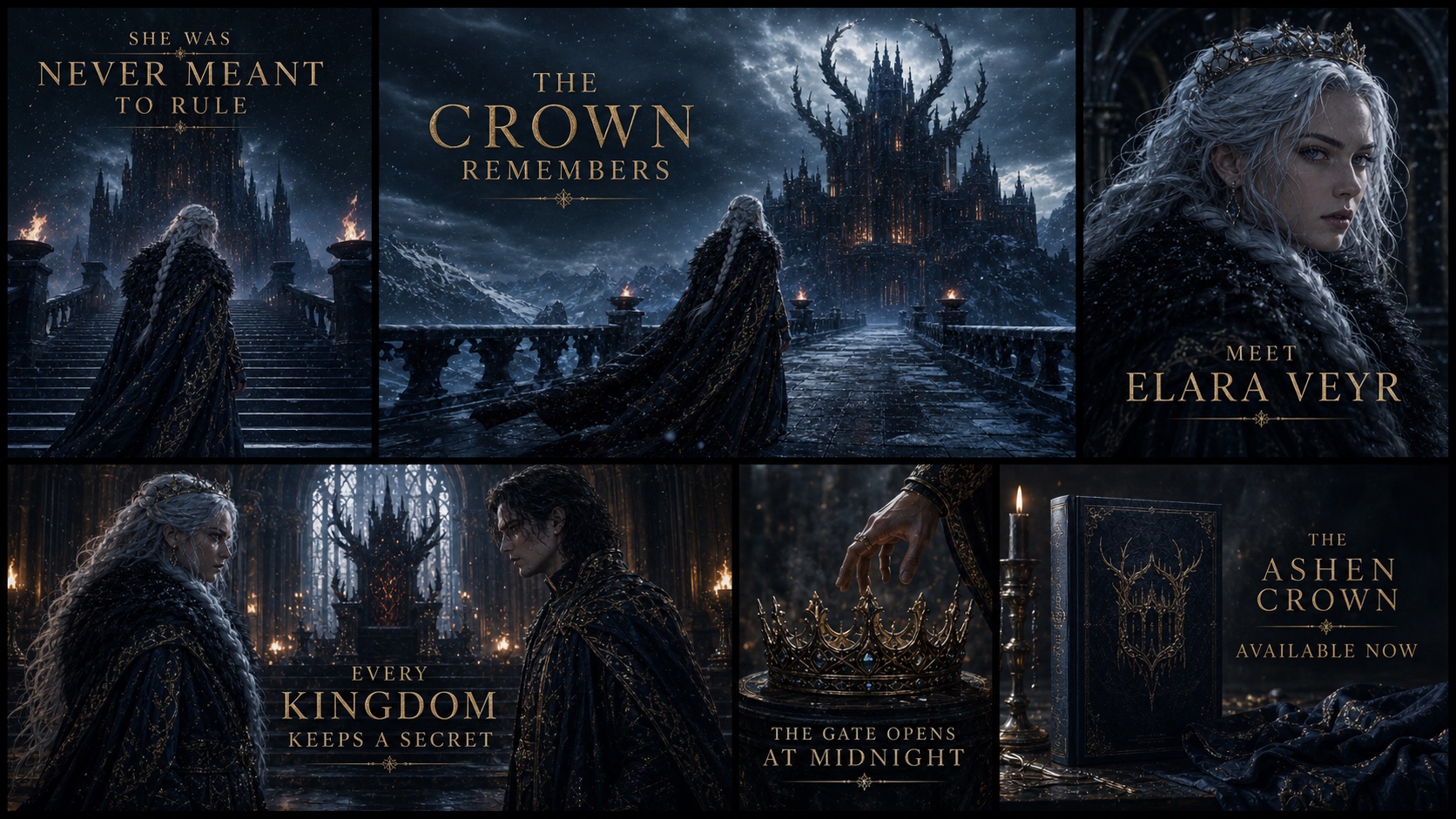 Kit publicitario cinematográfico y fotorrealista para una novela de fantasía, con seis piezas sociales en inglés