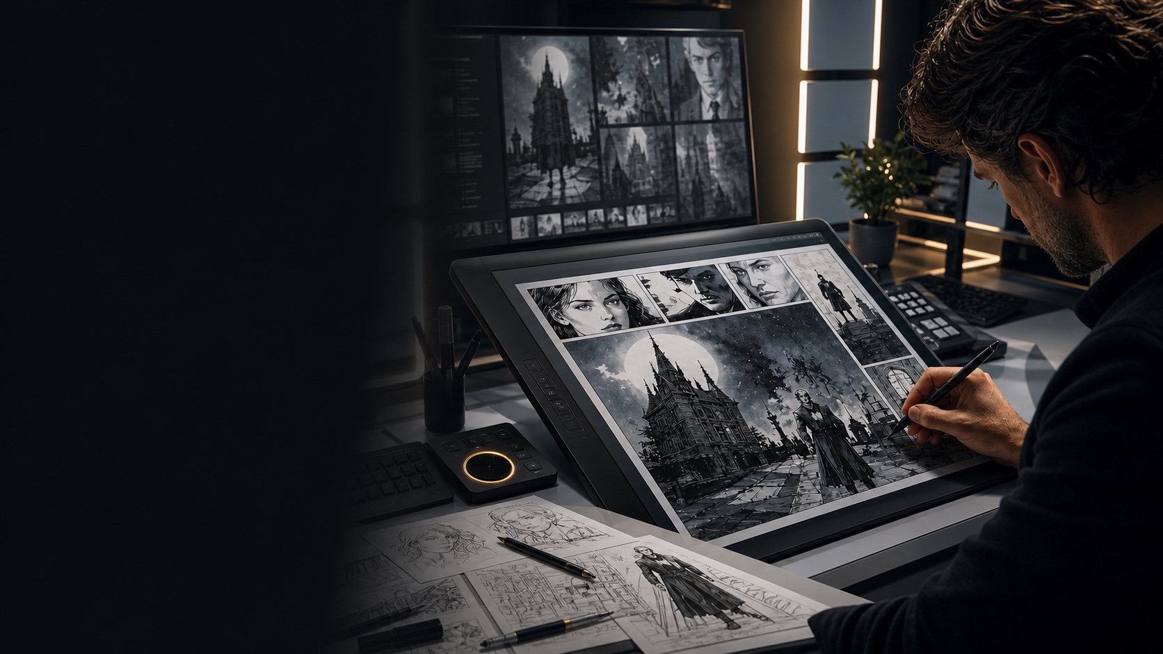 Una ilustradora trabaja una narración gráfica en un estudio visual contemporáneo